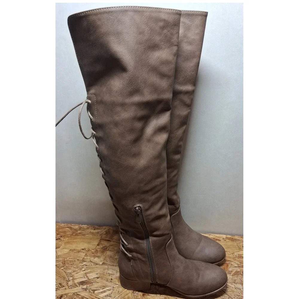 Brinley Co Womens Taupe Brown Over The Knee Lace Up Back Boots Size 6
